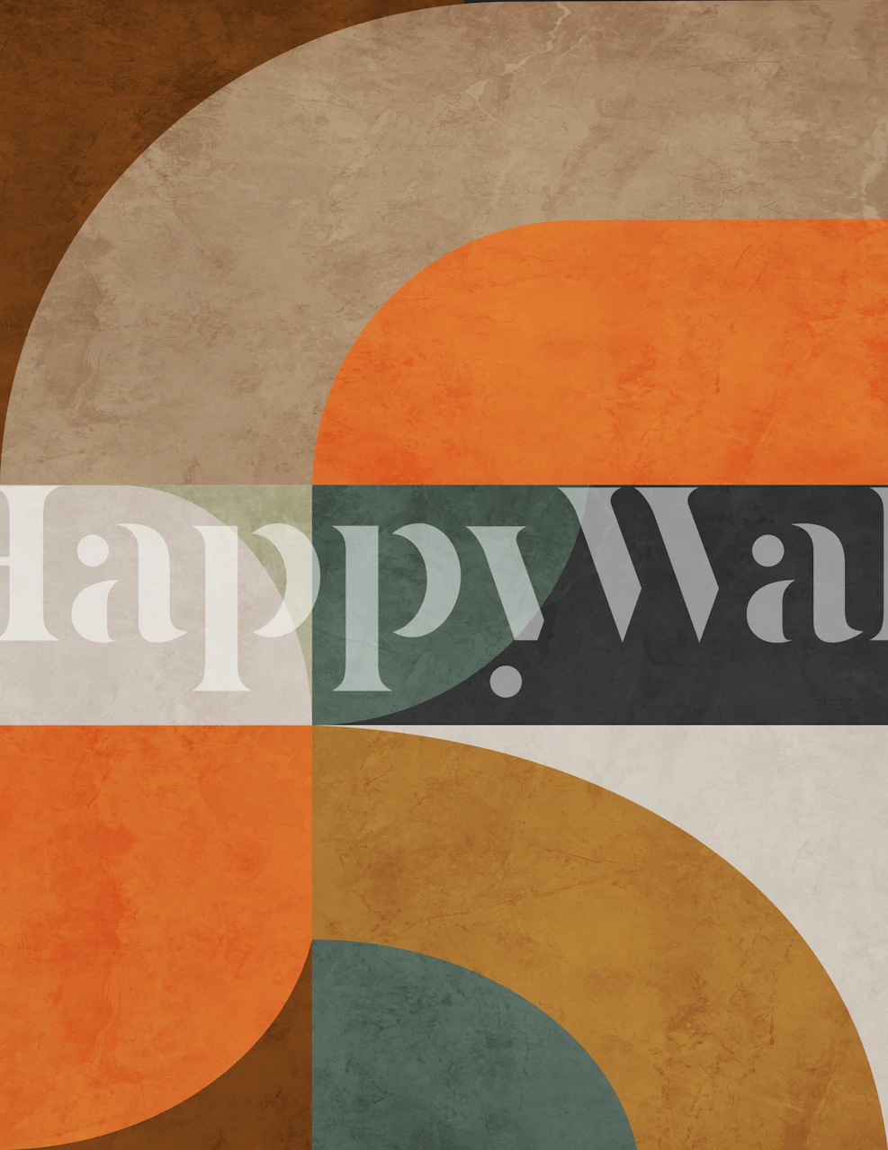 Colorful geometric shapes in orange, green, beige, and black wallpaper