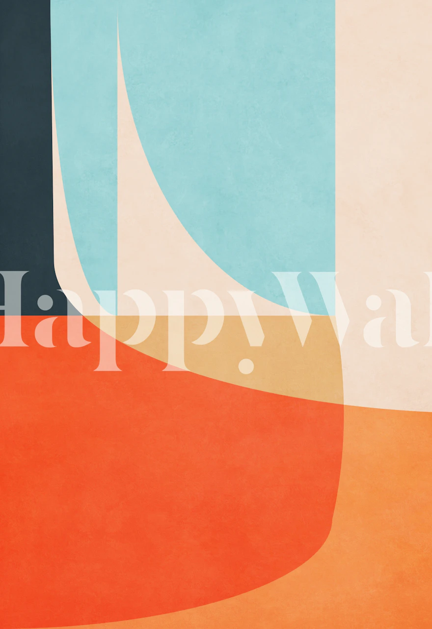 Geometric abstract shapes in orange, blue, and beige wallpaper