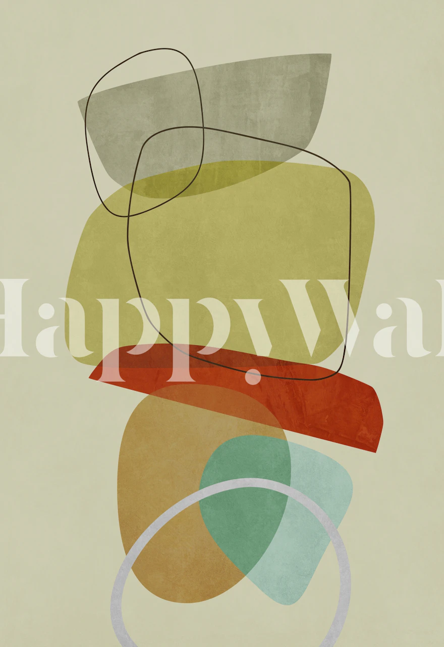 Abstract art wall mural featuring mid-century modern inspired shapes in earth tones