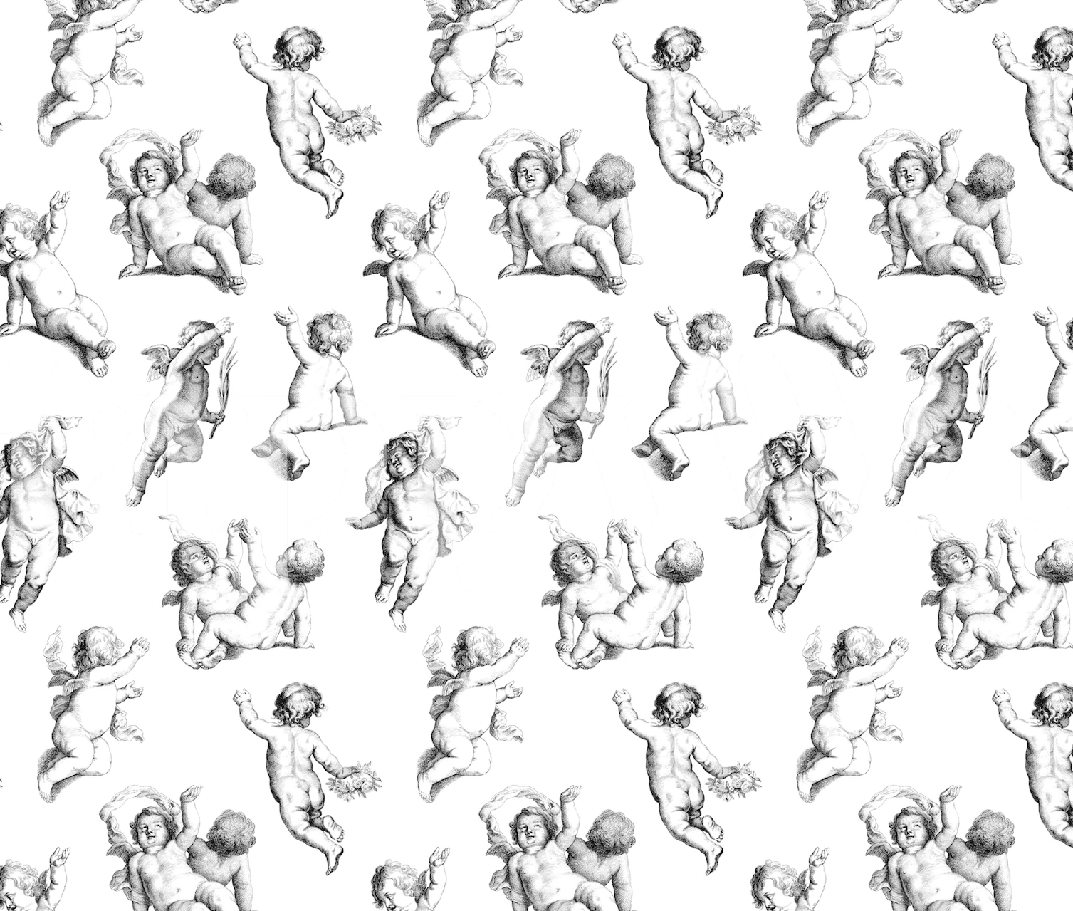 Vintage cherubs illustration in gray on white background wallpaper