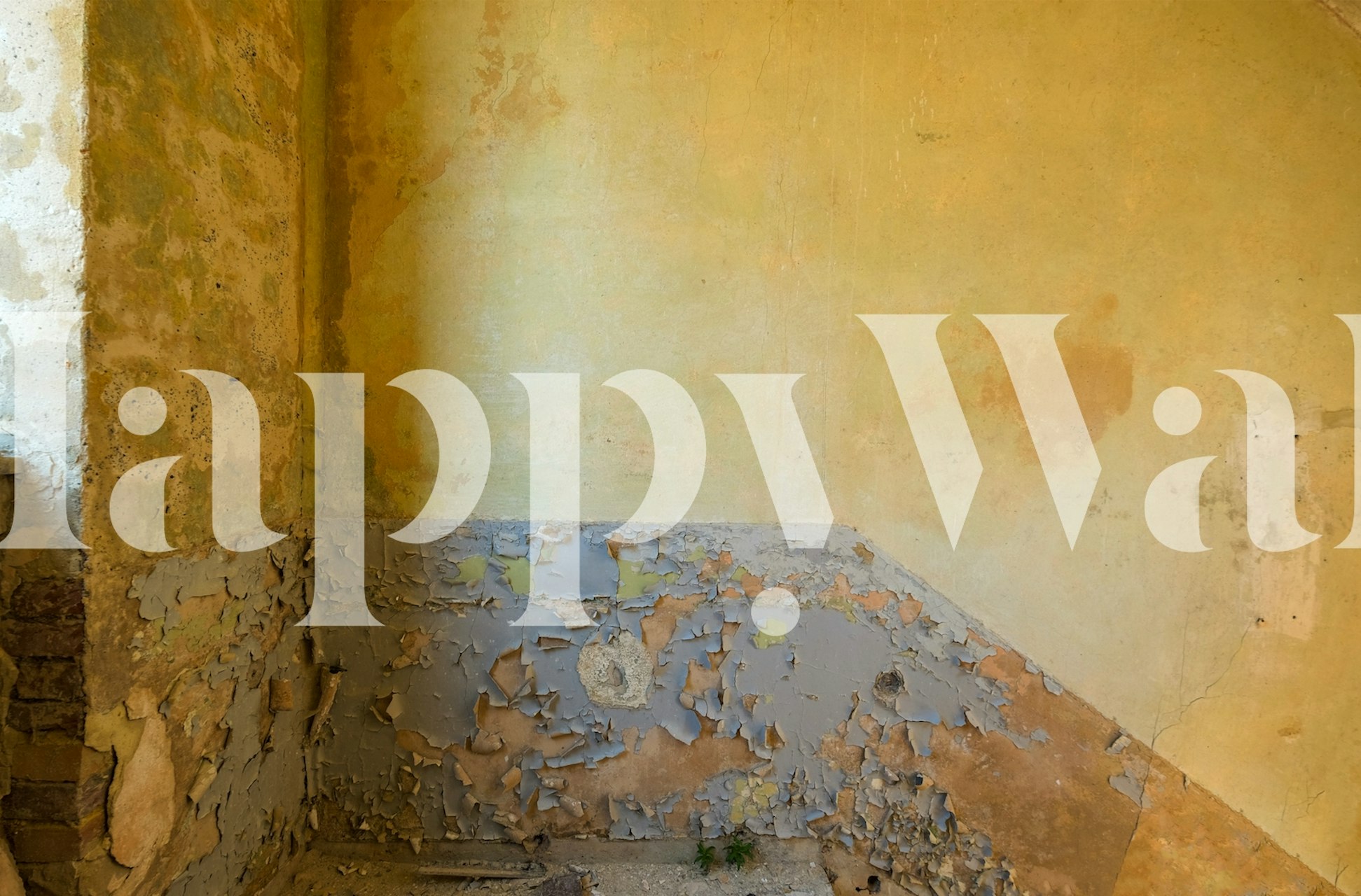 Vintage textured wallpaper in muted yellow and gray hues, peeling and weathered style