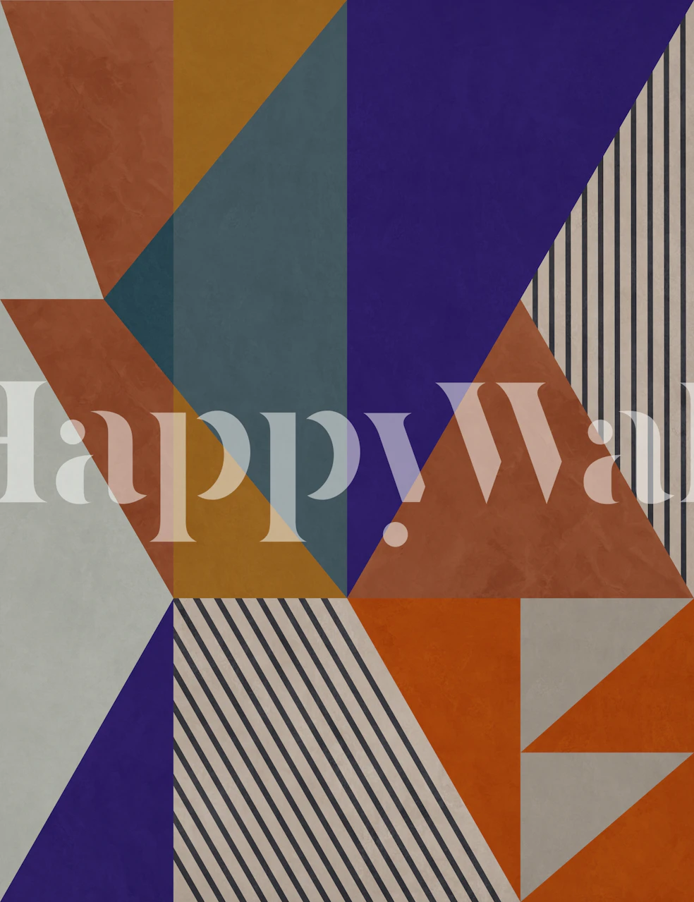 Abstract geometric wall mural in shades of orange, blue, and neutral colors