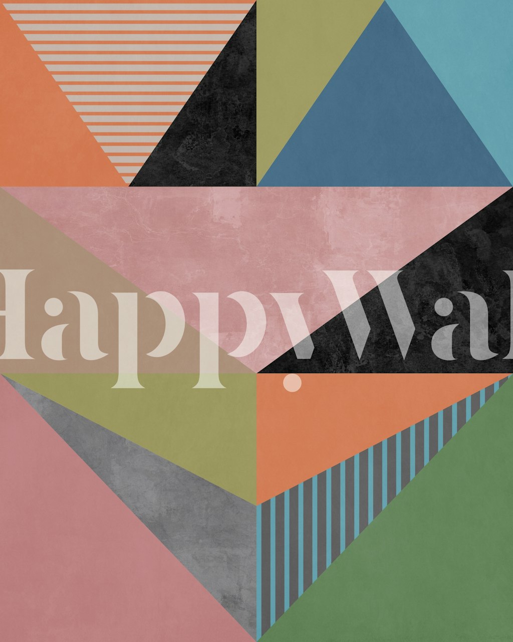 Multicolor geometric triangle pattern wallpaper with shades of pink, orange, blue, green, and black