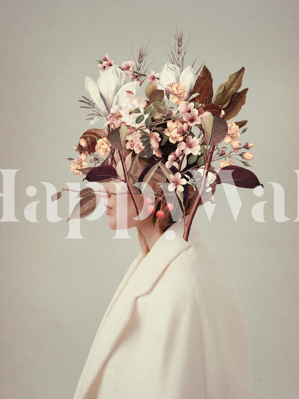 Kunstnerisk portræt med efterårsløv og blomster hovedbeklædning vægmaleri