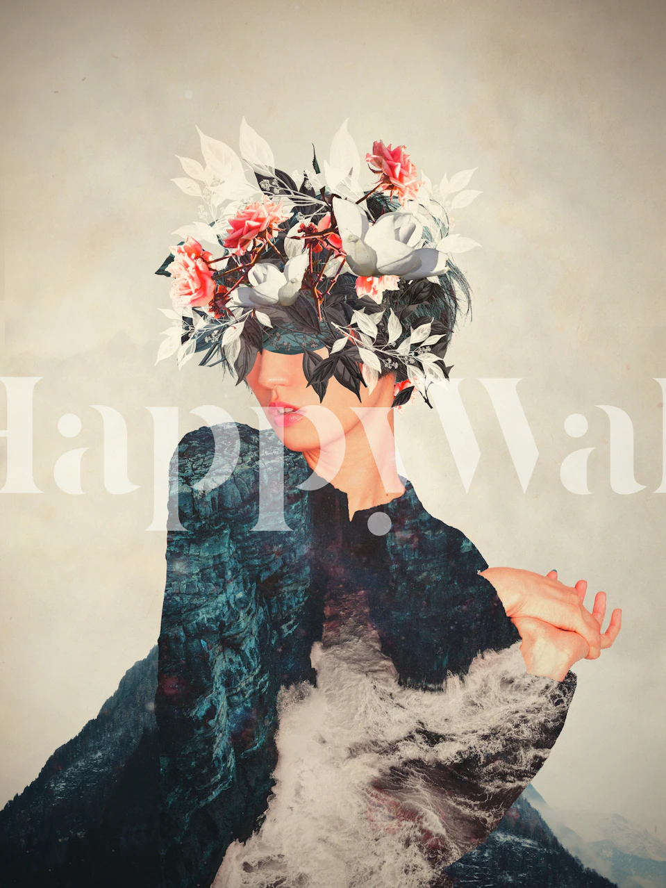 Murale élégante représentant une silhouette avec une coiffe florale sur un fond texturé