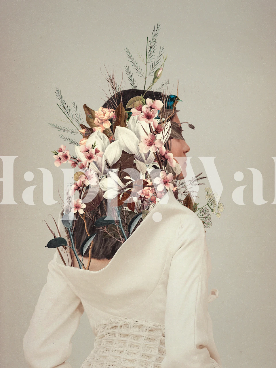 Woman with floral hair design, pink flowers, and green plants wallpaper