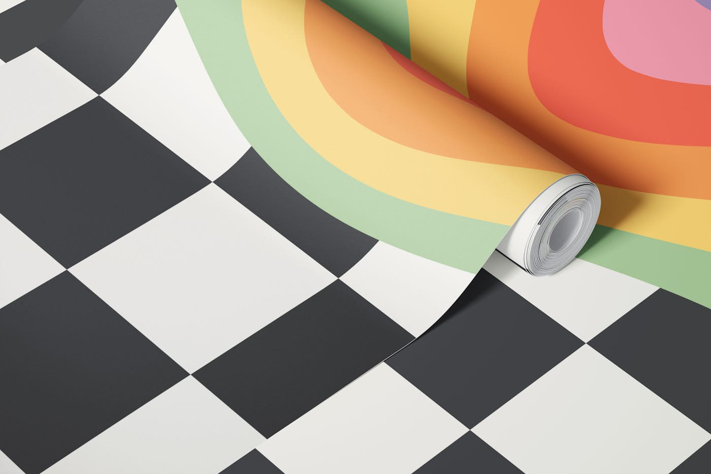 Rainbow on checkered wall wallpaper roll