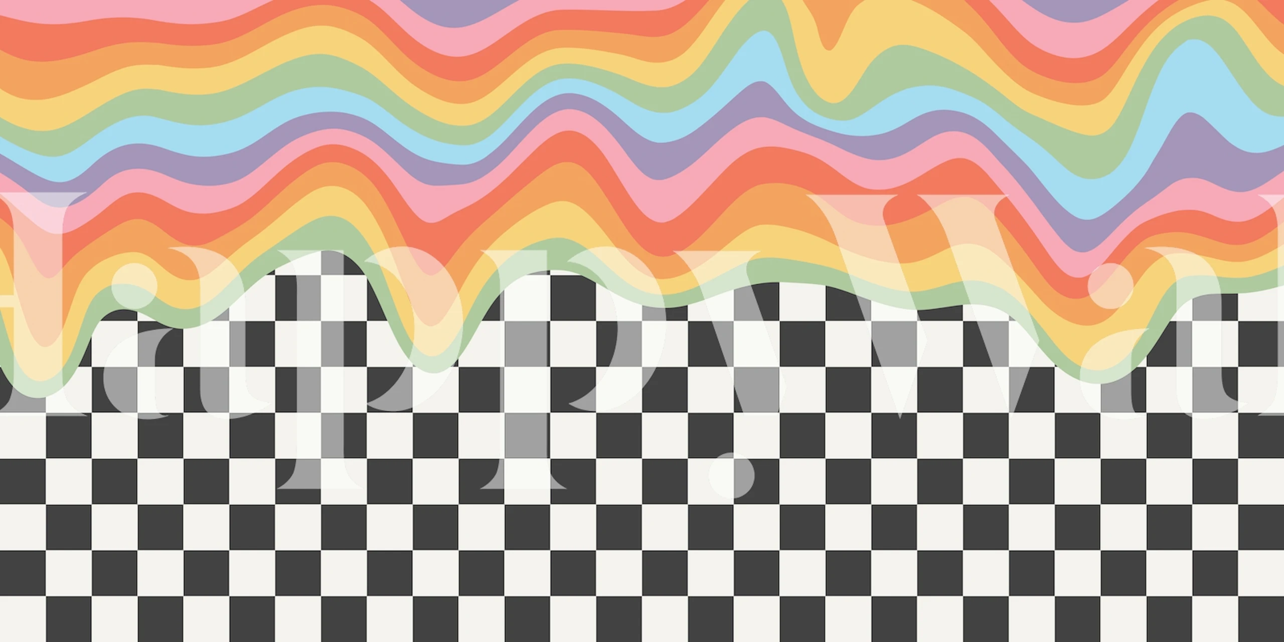 Colorful rainbow waves above a black and white checkered pattern wallpaper
