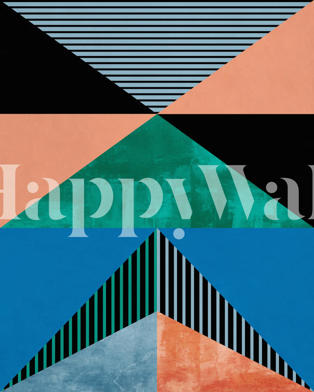 Abstract geometric wall mural with teal, black, coral triangles and stripes