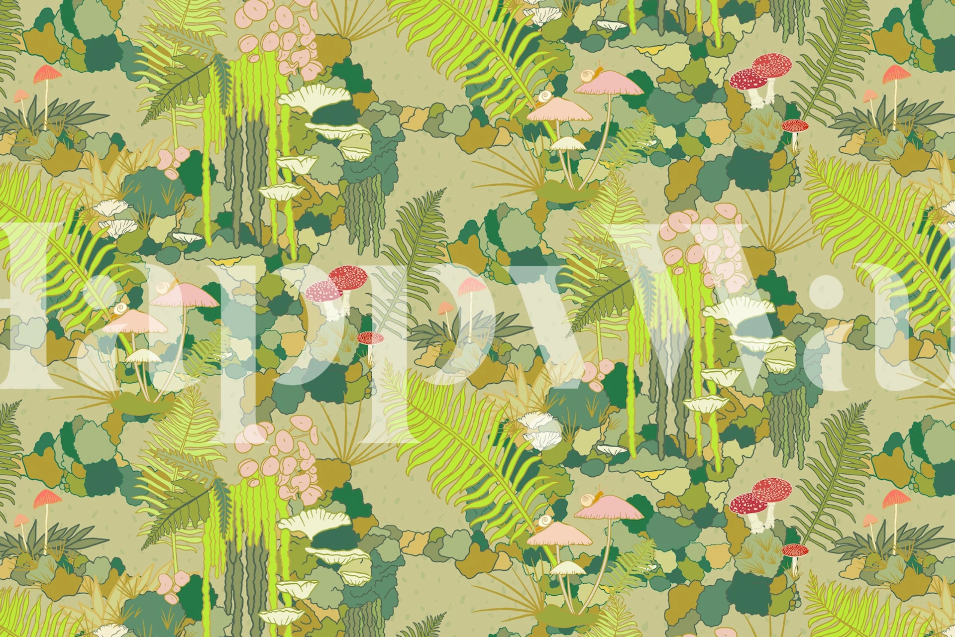 Mossy forest floor pattern with green leaves and mushrooms wallpaper