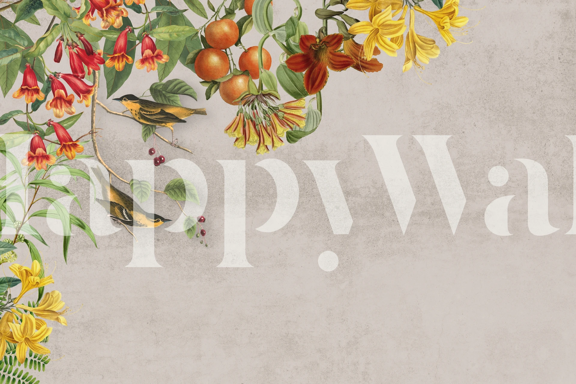 Floral and bird motifs with orange and yellow flowers, green leaves, and birds on a textured gray background wallpaper