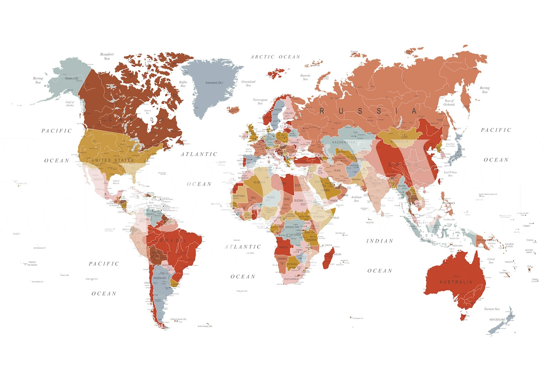 Colorful world map with earthy tones on wallpaper