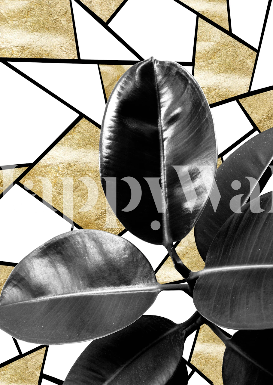 Ficus Elastica leaves with gold geometric patterns on a wall mural