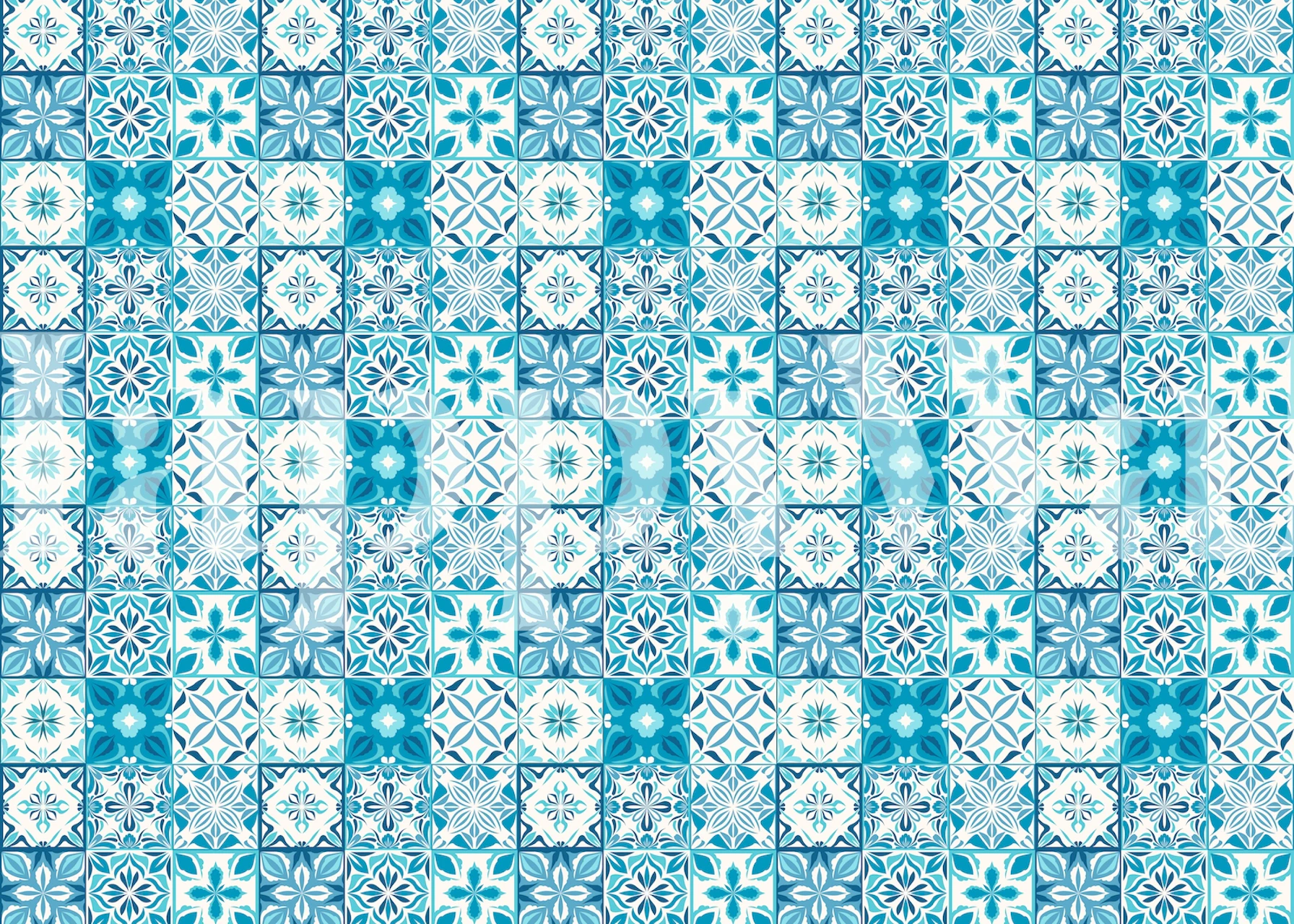 White and blue patterned ornate tile wallpaper