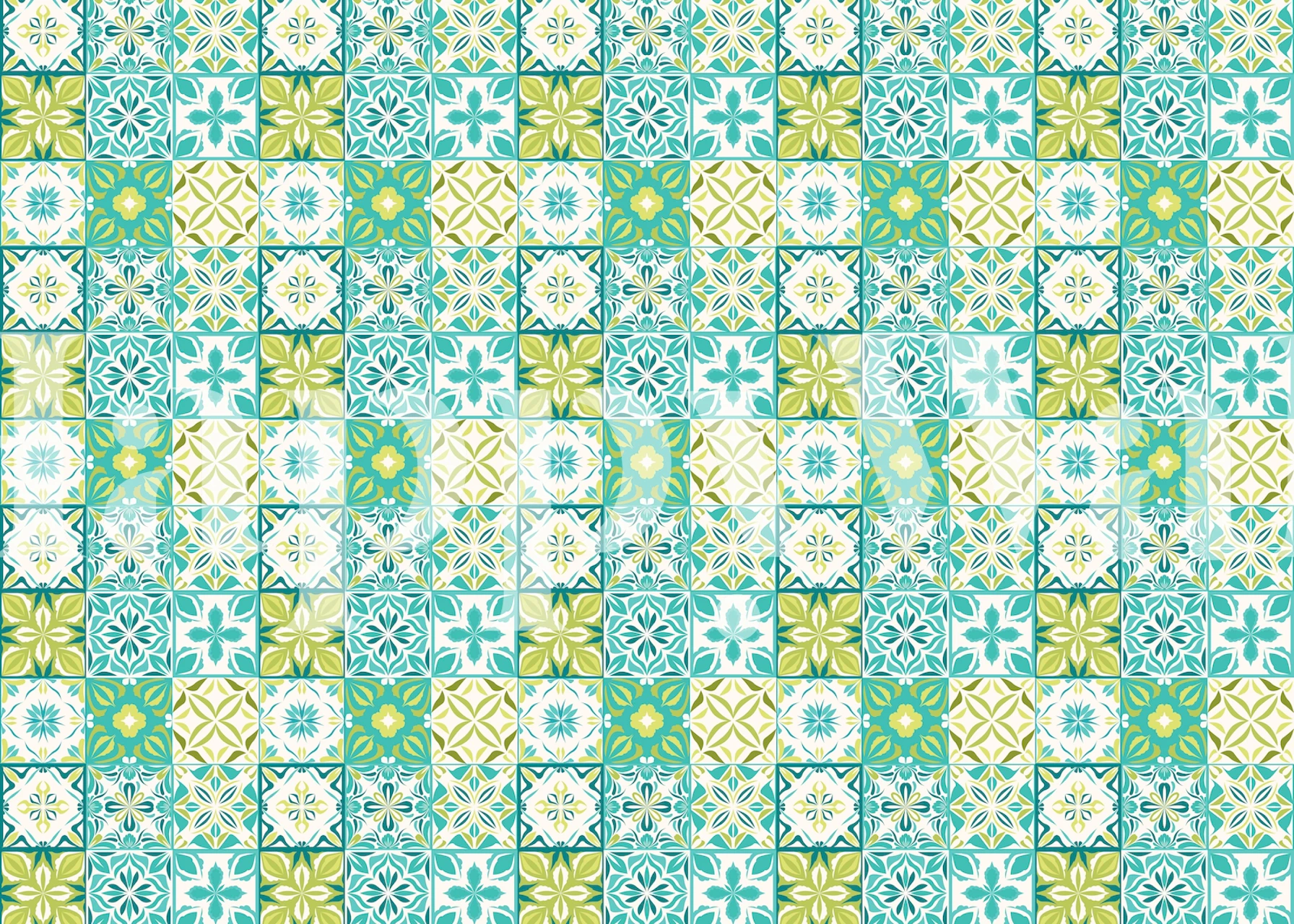 Colorful vintage tile pattern in green, blue, and yellow wallpaper