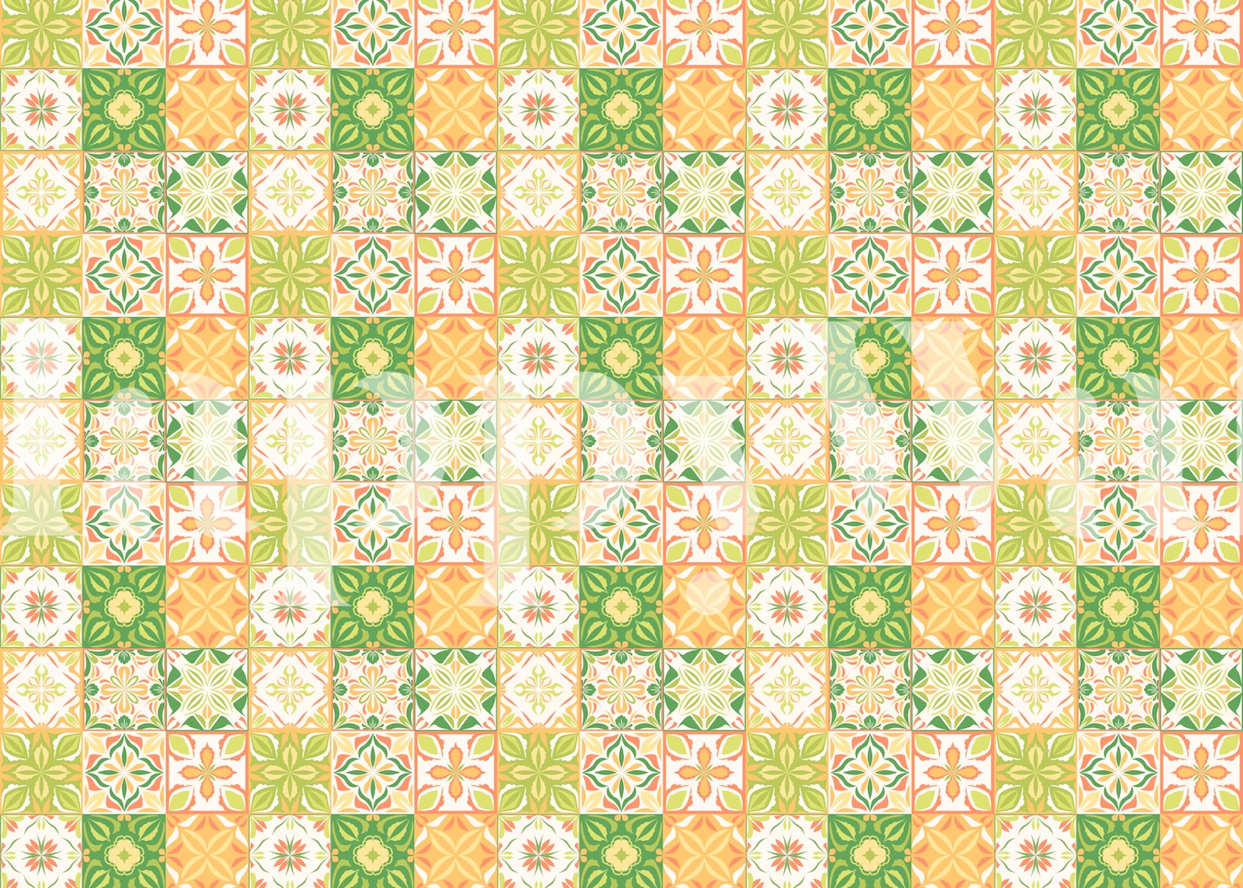 Ornate Tiles 3 wall mural featuring classic tile patterns in peach and green hues