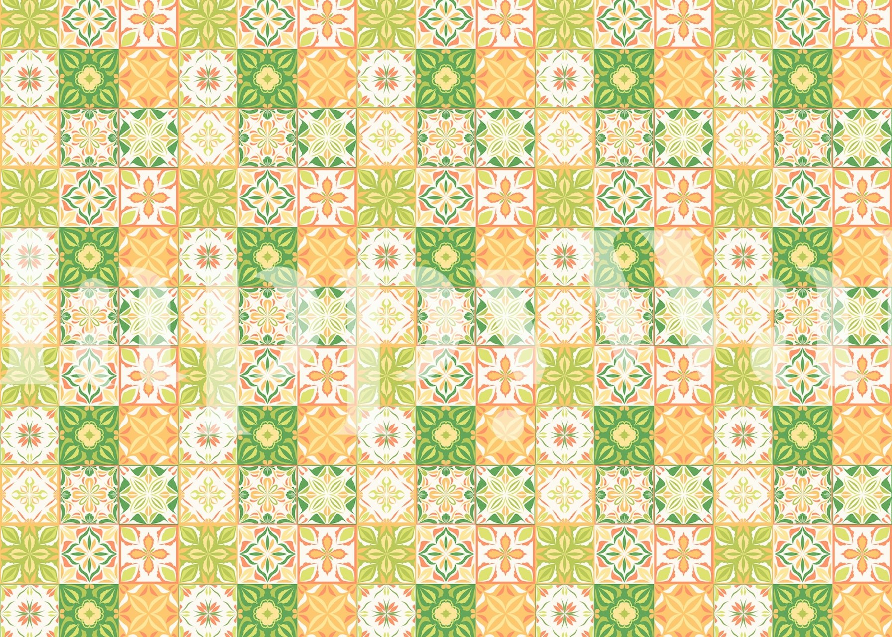 Ornate Tiles 3 wall mural featuring classic tile patterns in peach and green hues