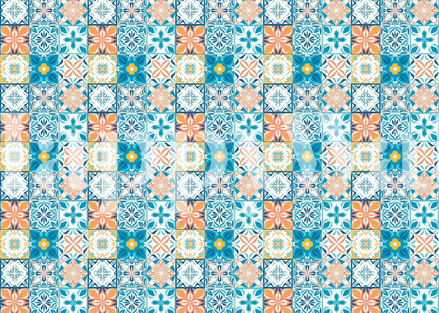 Colorful tile pattern in blue, orange, and white wallpaper.