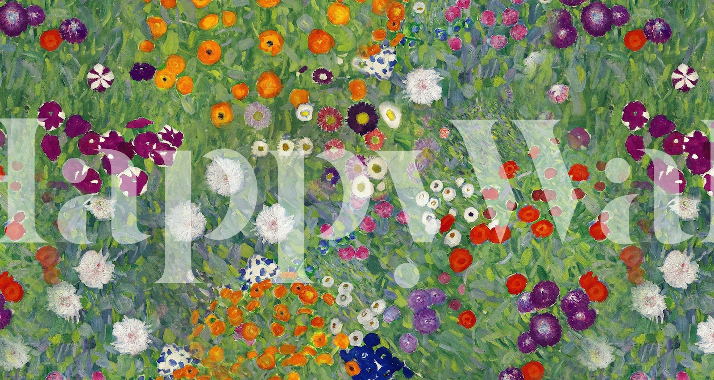 Colorful flowers in various shades of purple, orange, and white on green background wallpaper.