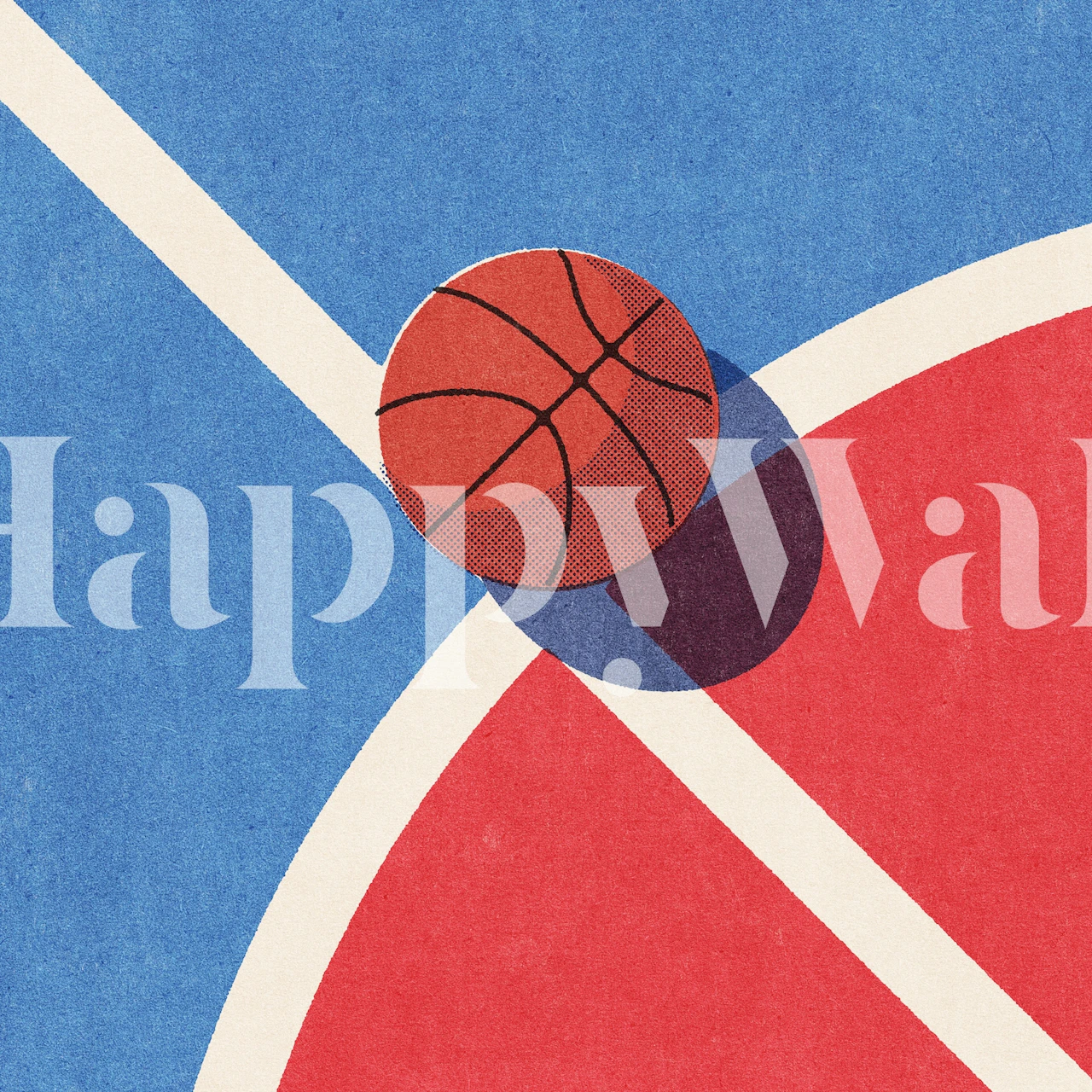 Retro basketball design in blauw en rood met een bal op een speelveld wallpaper
