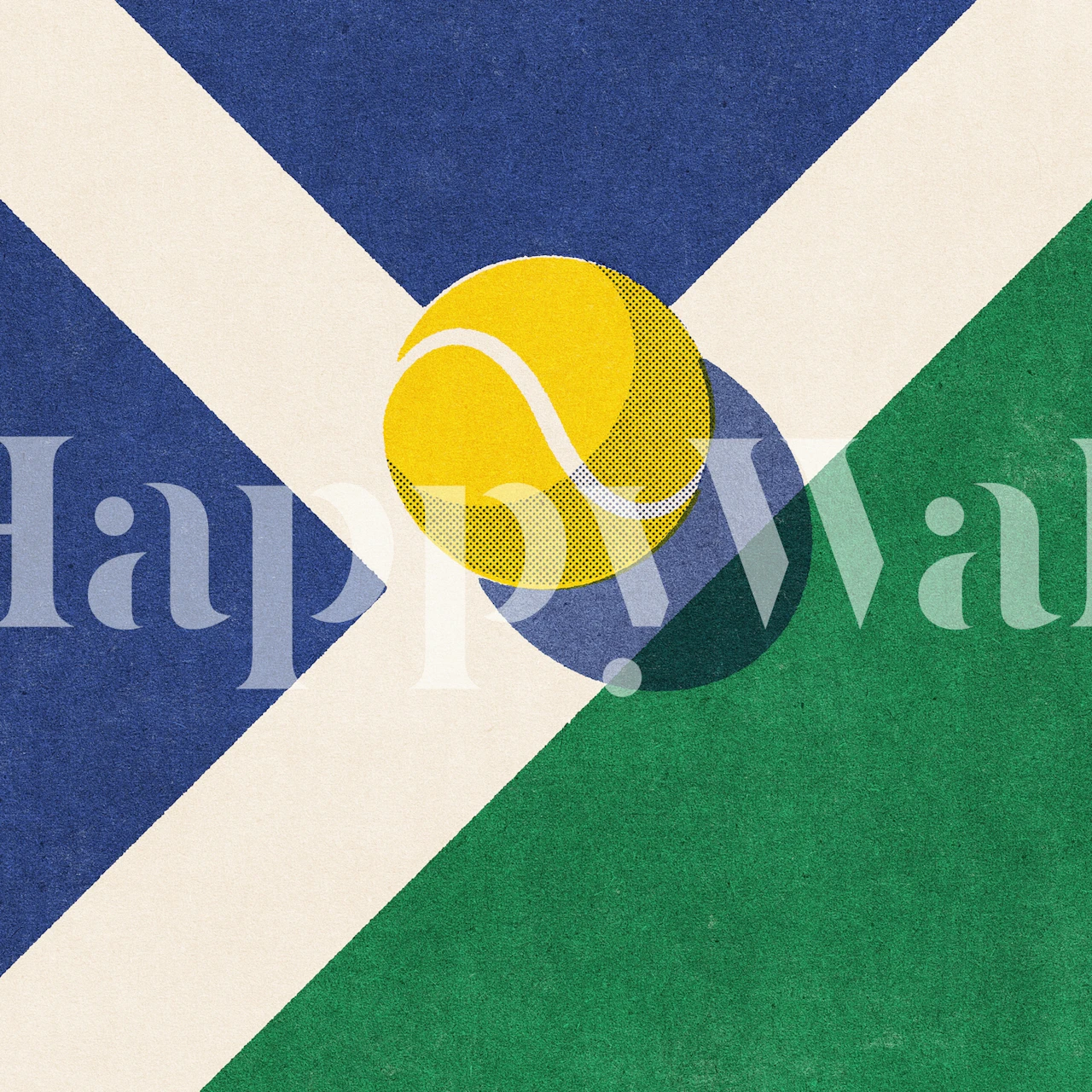 Tennis ball illustration with blue and green geometric shapes wallpaper