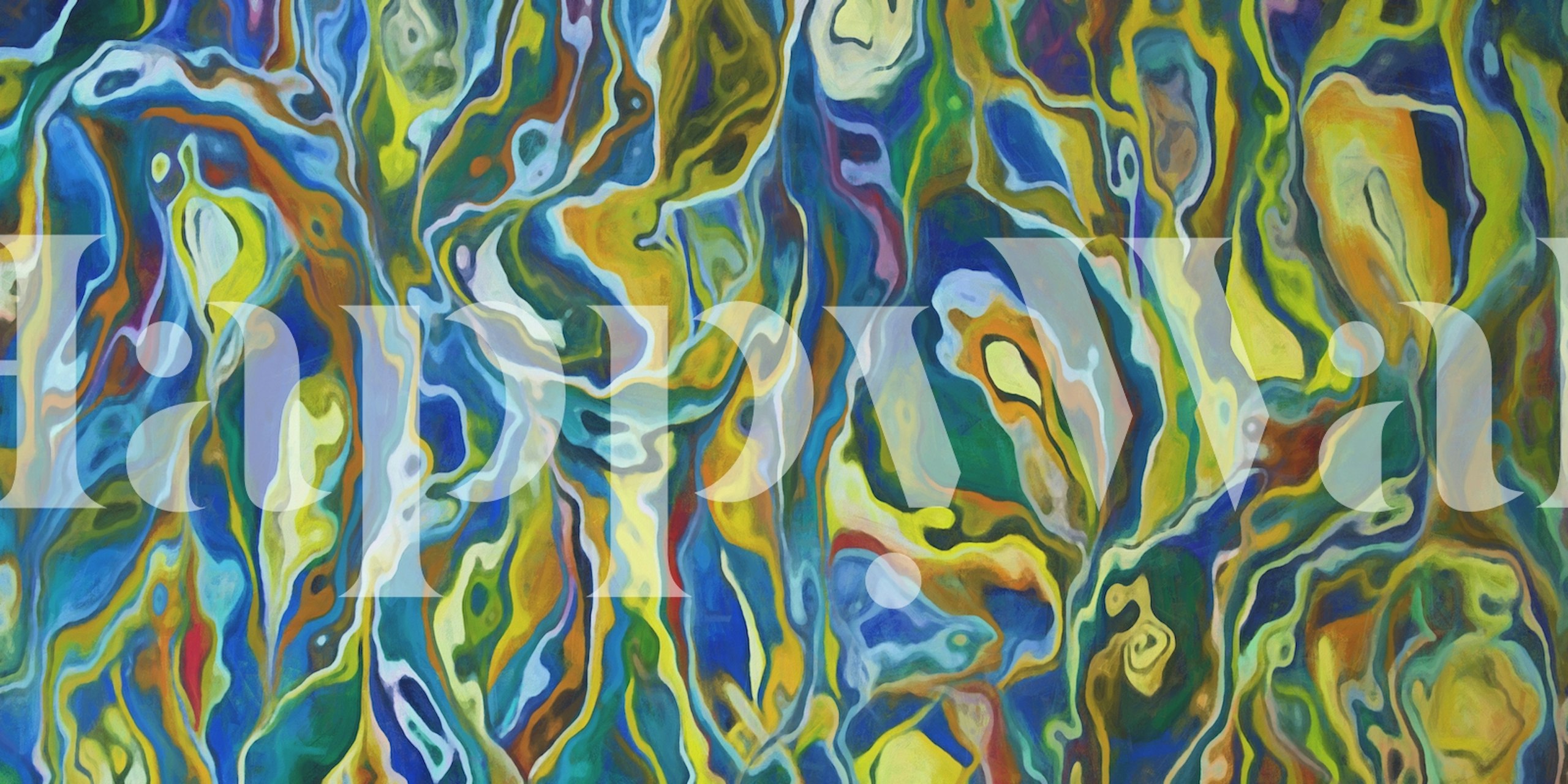 Colorful abstract fluid shapes design in blue, yellow, and green wallpaper