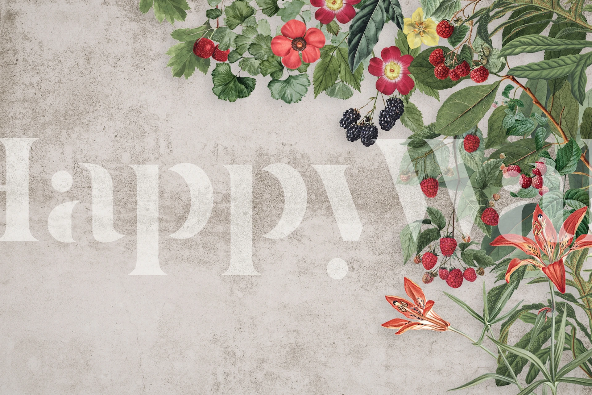 Floral berry pattern with raspberries, blackberries, and flowers on textured wallpaper