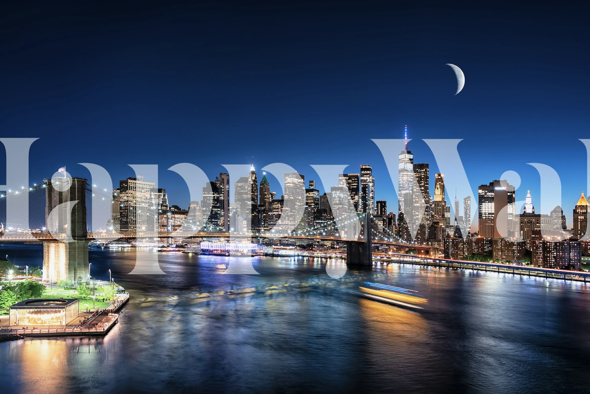 New York City skyline at night with crescent moon wallpaper
