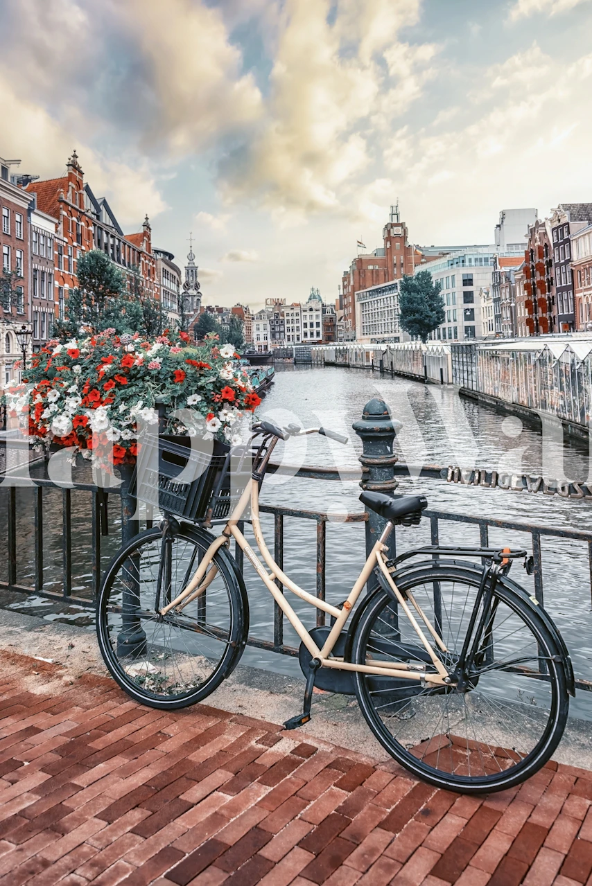 Vintage bike with flowers overlooking Amsterdam canals and architecture