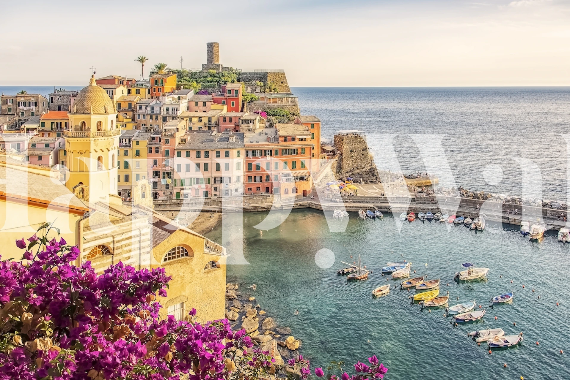 Colorful seaside village with boats and flowers wallpaper