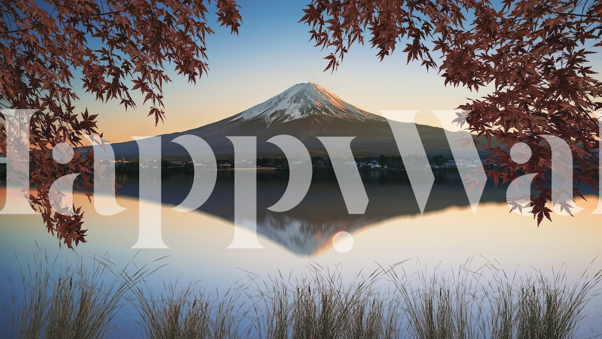Mount Fuji reflection on Lake Kawaguchi with autumn leaves