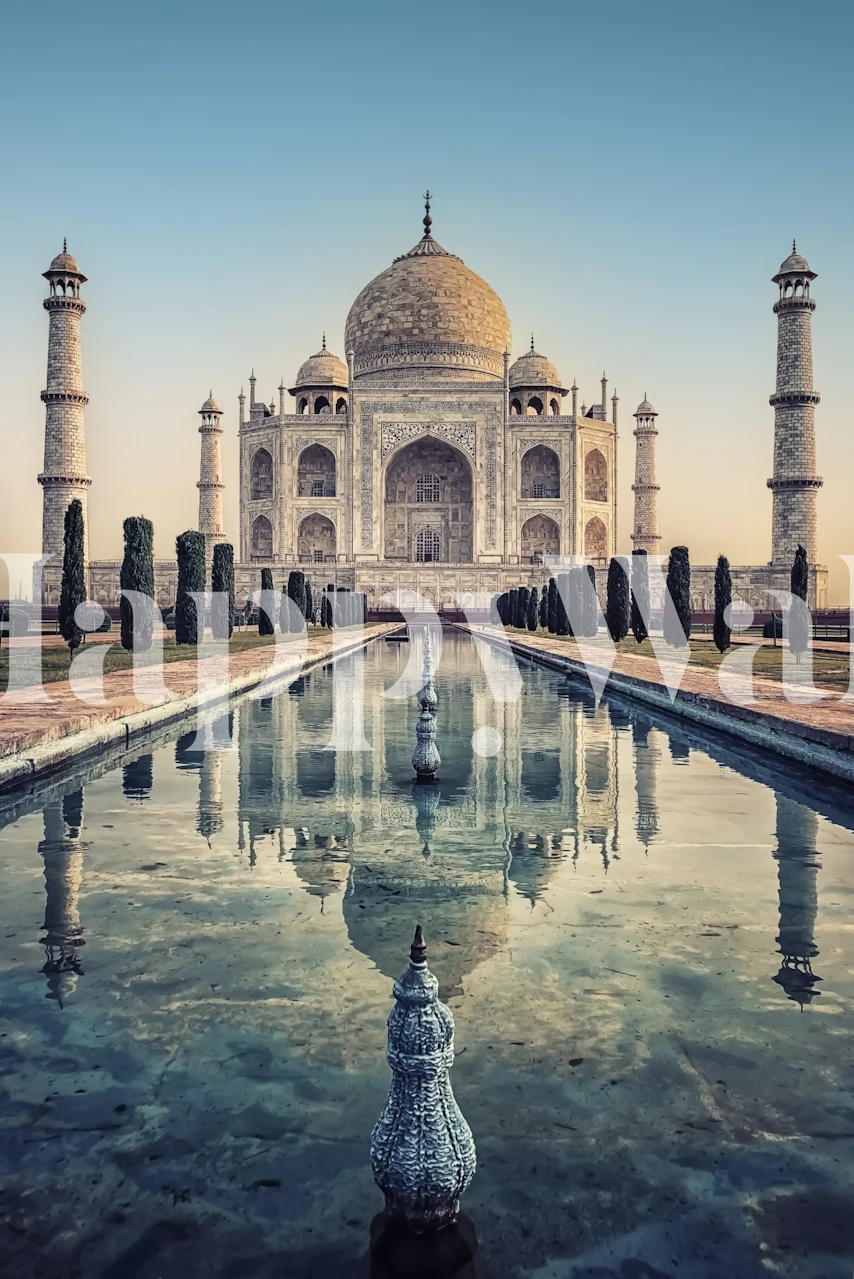 Taj Mahal reflection in water with lush greenery wallpaper