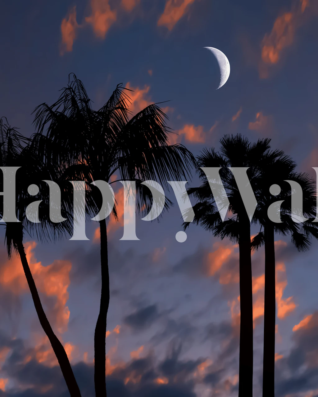 Palm trees silhouetted against a twilight sky with a crescent moon wallpaper