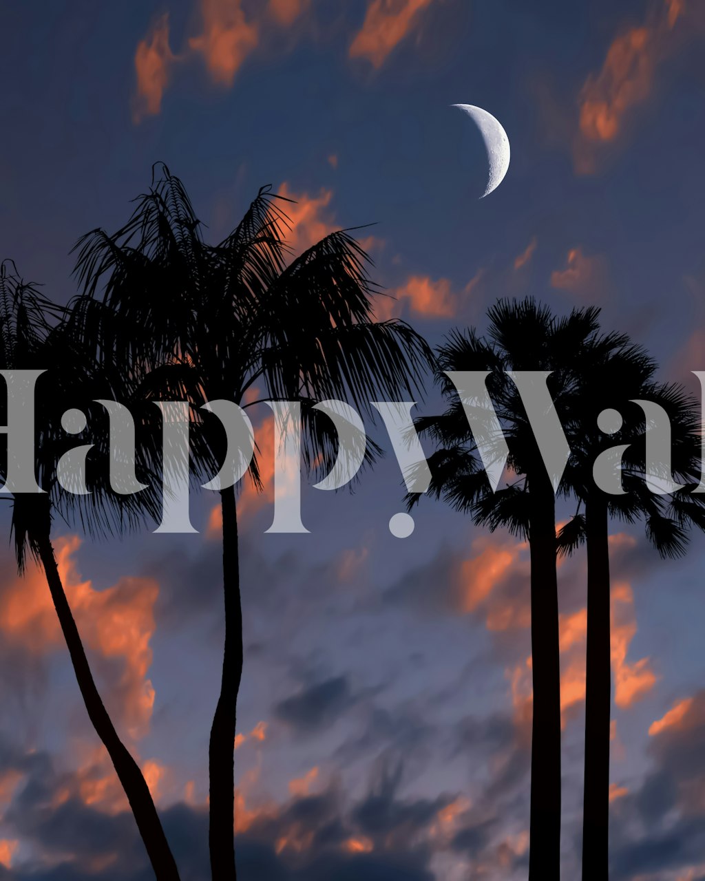 Palm trees silhouetted against a twilight sky with a crescent moon wallpaper