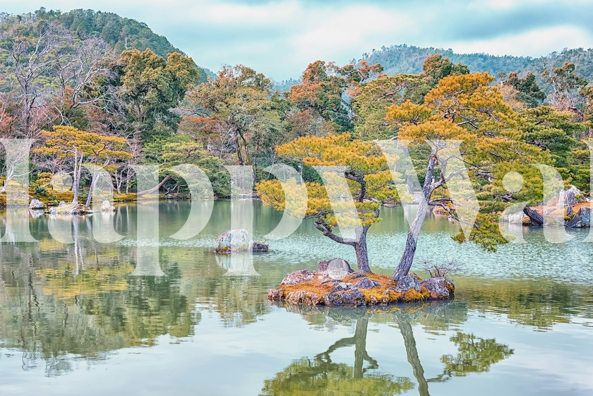 Japanese garden scene with island trees and calm water wallpaper