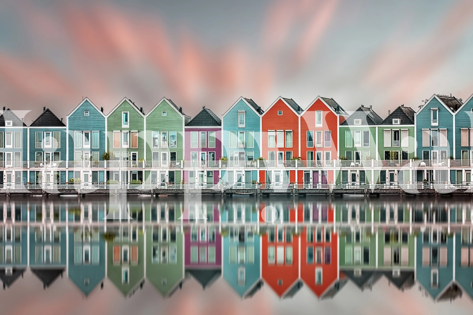 Colorful zigzag house designs with reflections on water wallpaper
