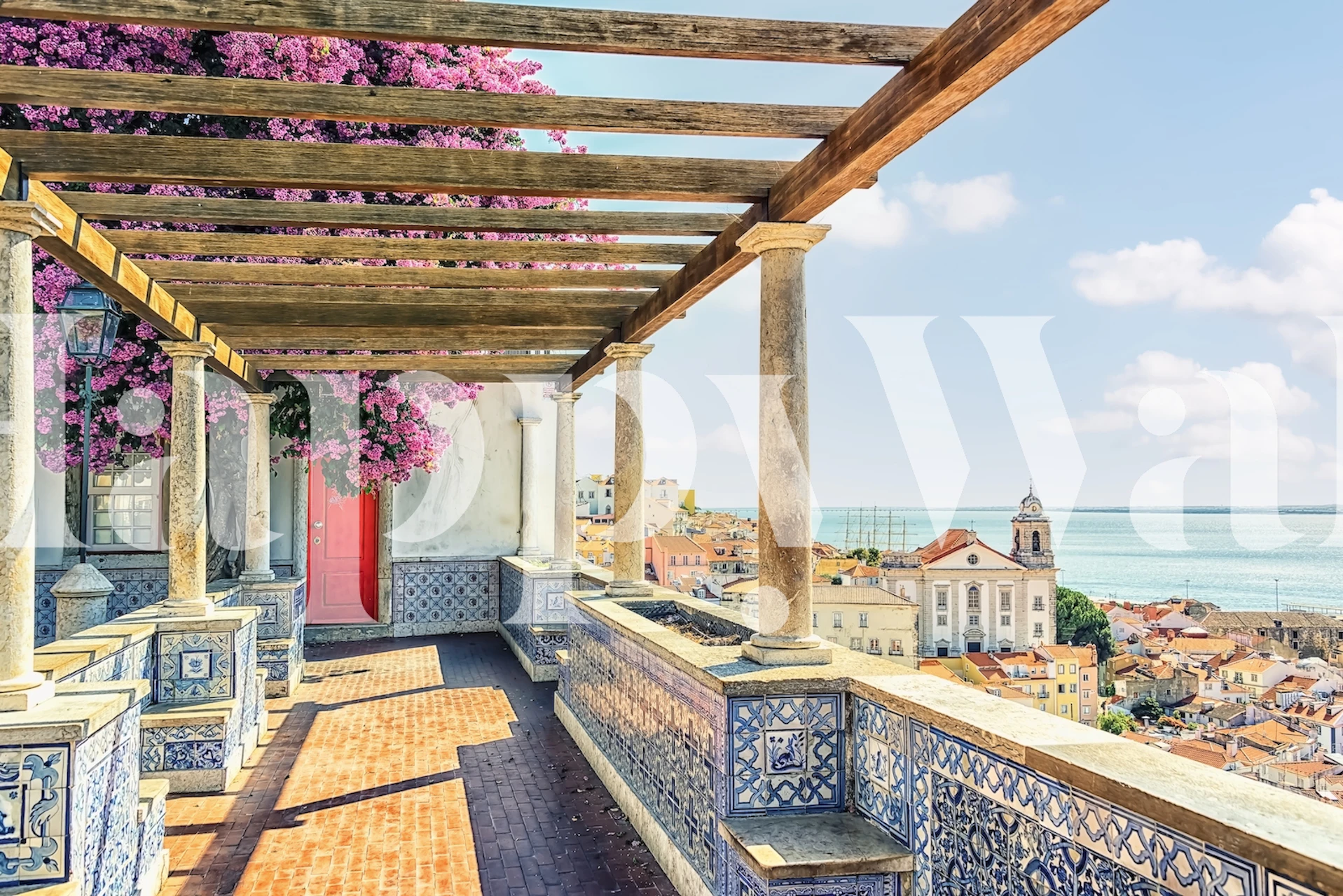 Colorful floral and coastal view wallpaper with blue tiles