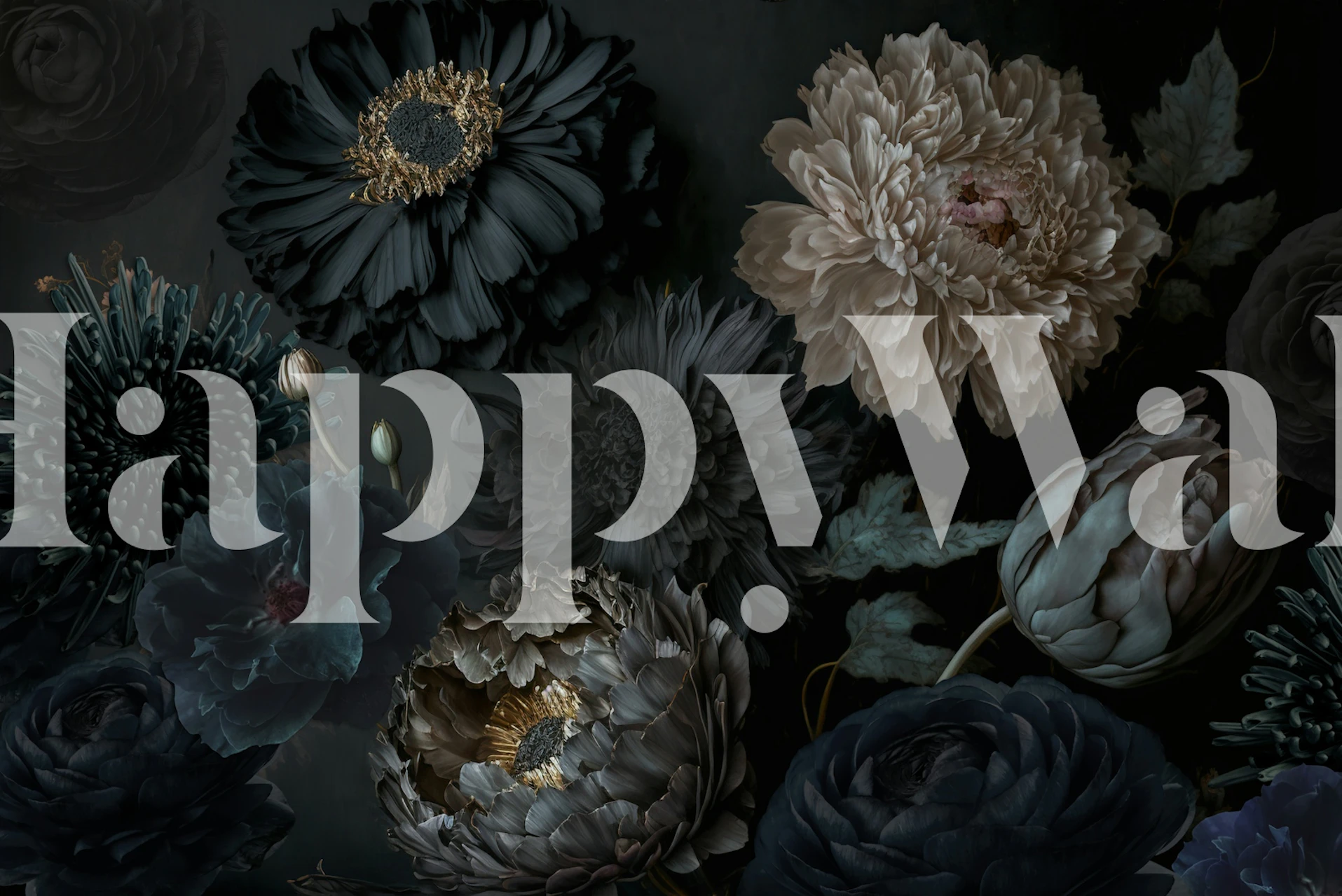 Dark floral wallpaper featuring moody blooms in deep hues and metallic accents.