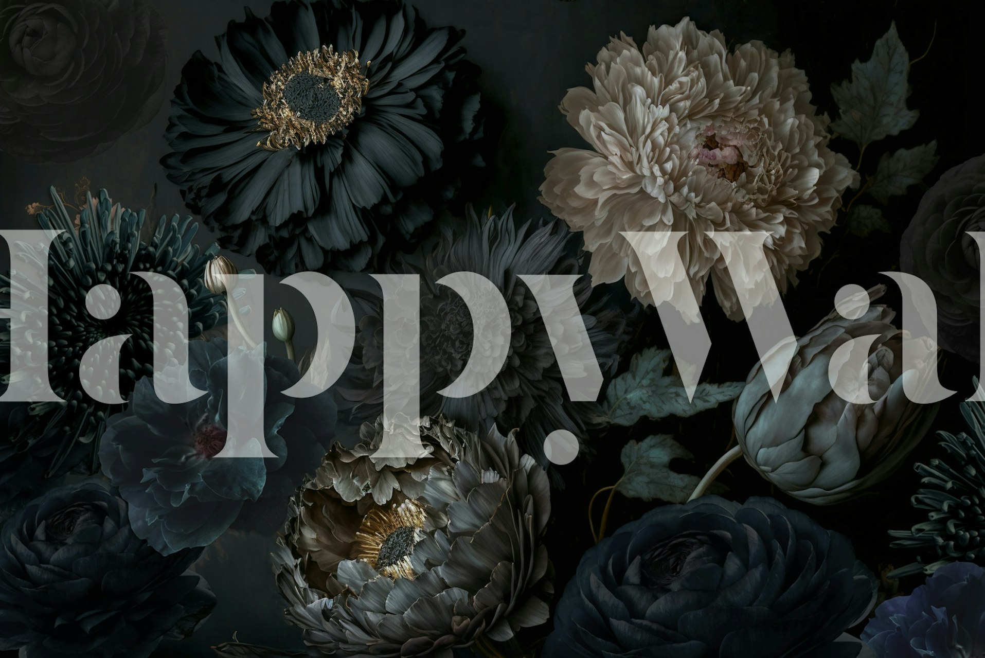 Donkere bloemen in verschillende tinten zwart en nude wallpaper