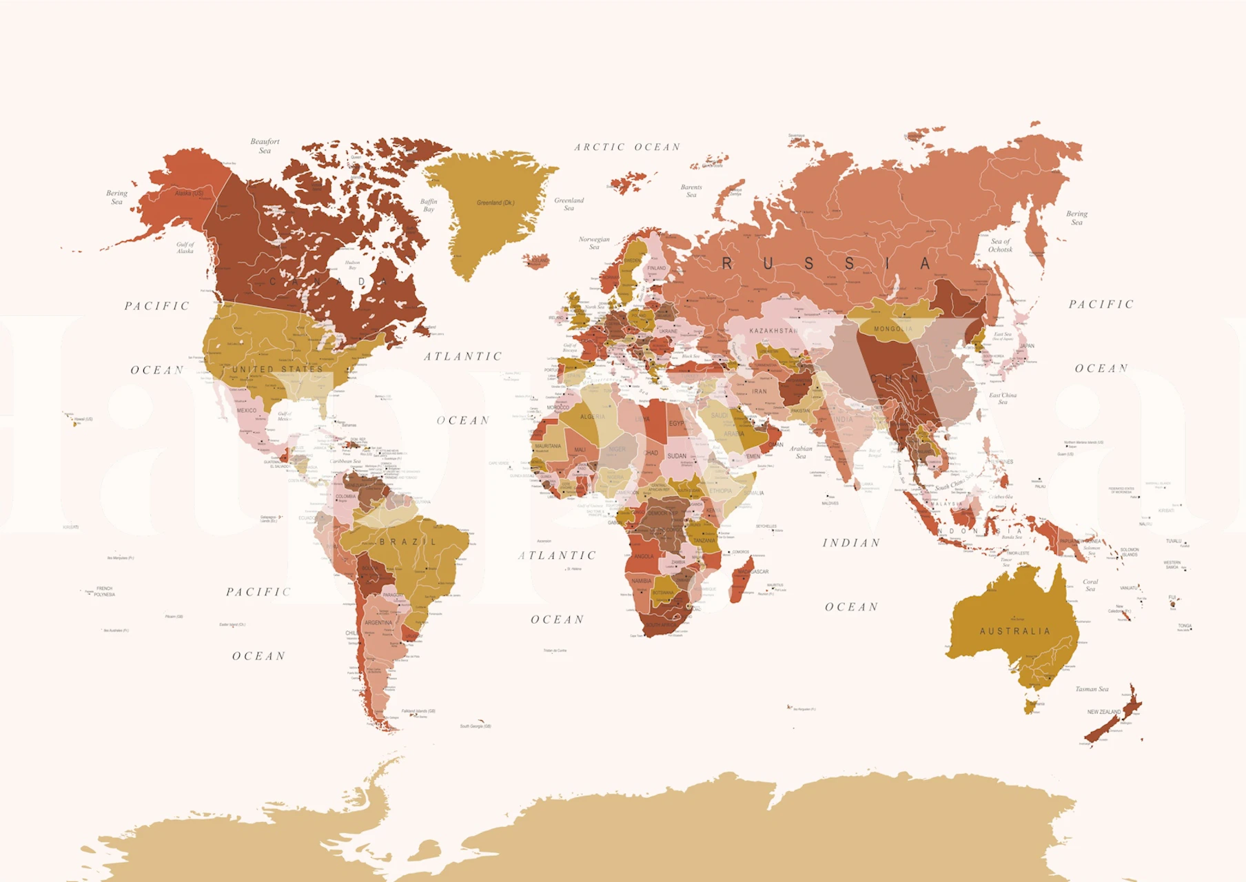 Papel pintado World Map Mustard Pink en una habitación