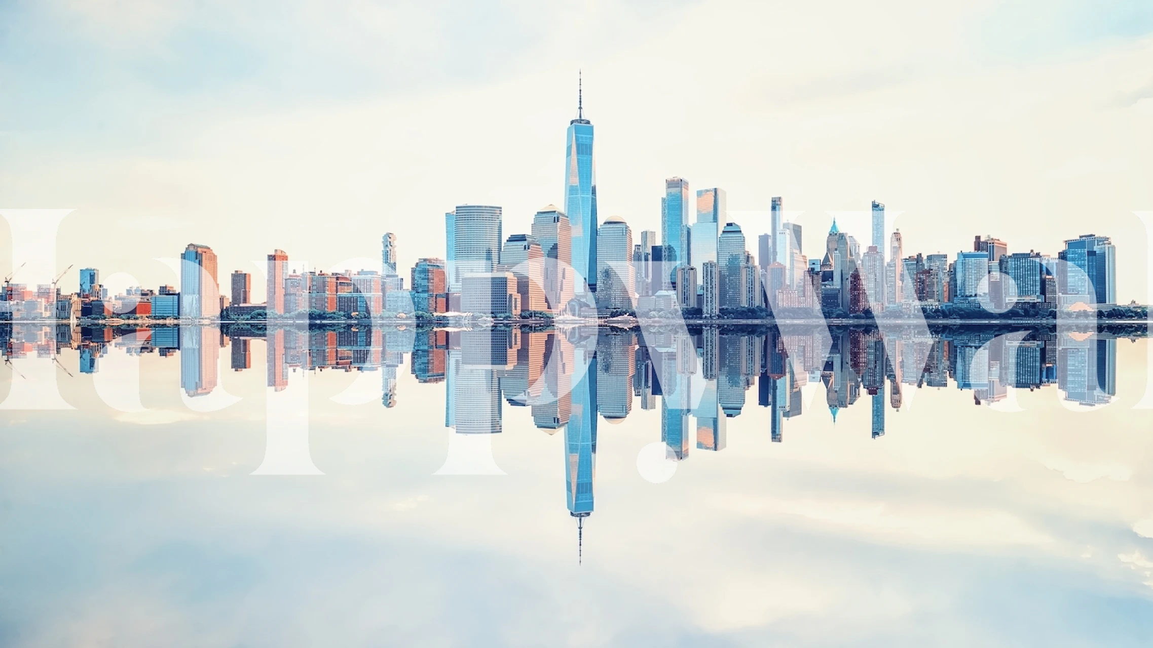 New York city skyline with reflections on water in soft blue tone wallpaper