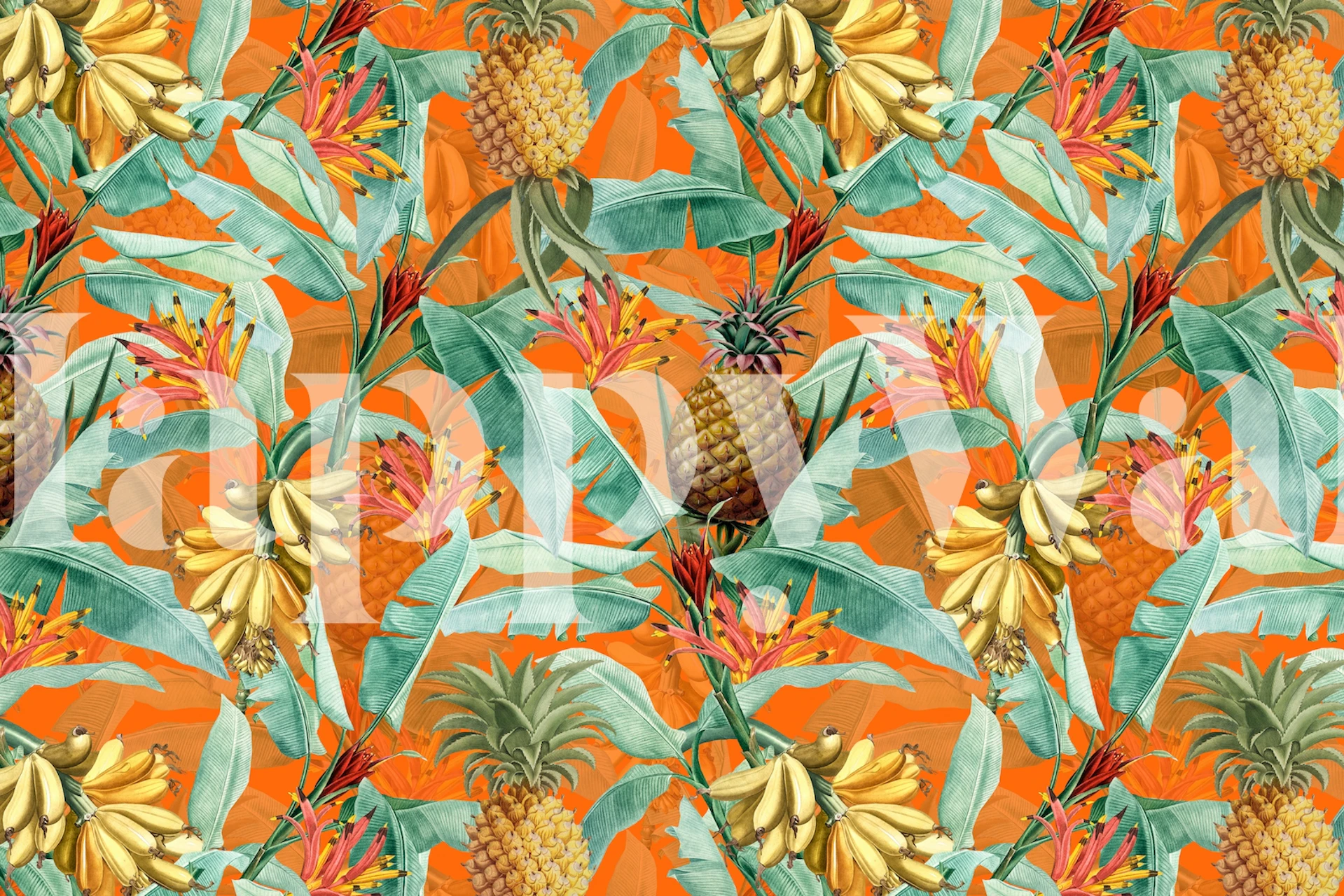 Pineapples and bananas on green leaves with orange background wallpaper