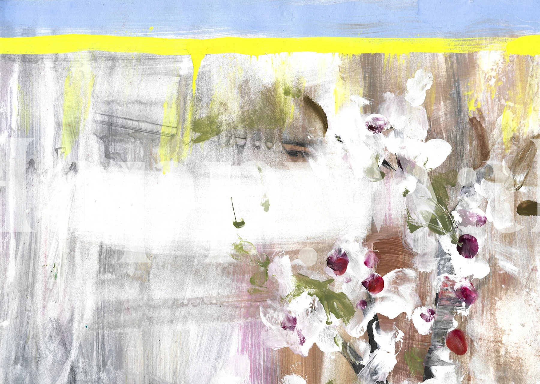 Abstract floral design with pink and white flowers on a textured background in yellow and blue wallpaper