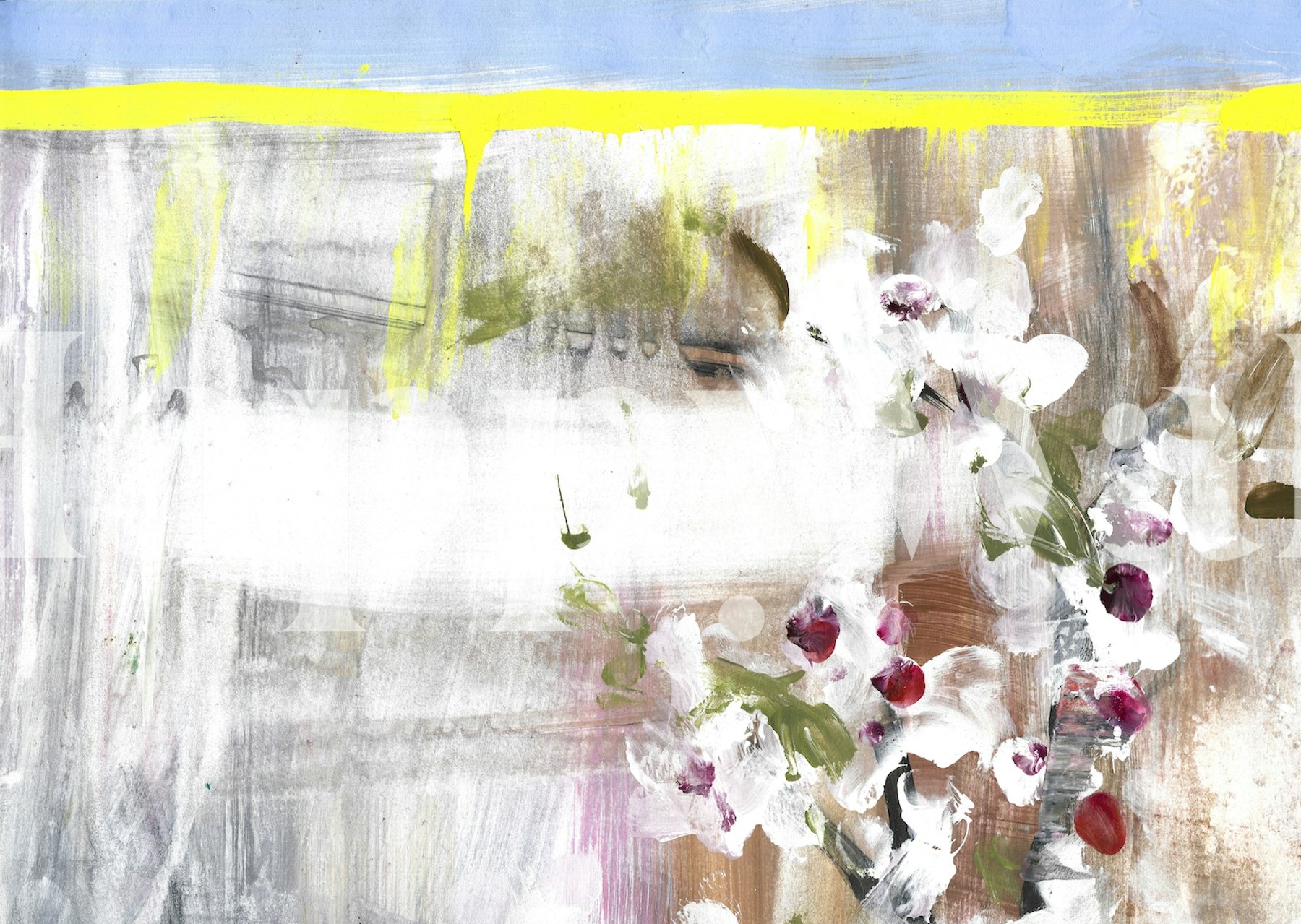 Abstract floral design with pink and white flowers on a textured background in yellow and blue wallpaper