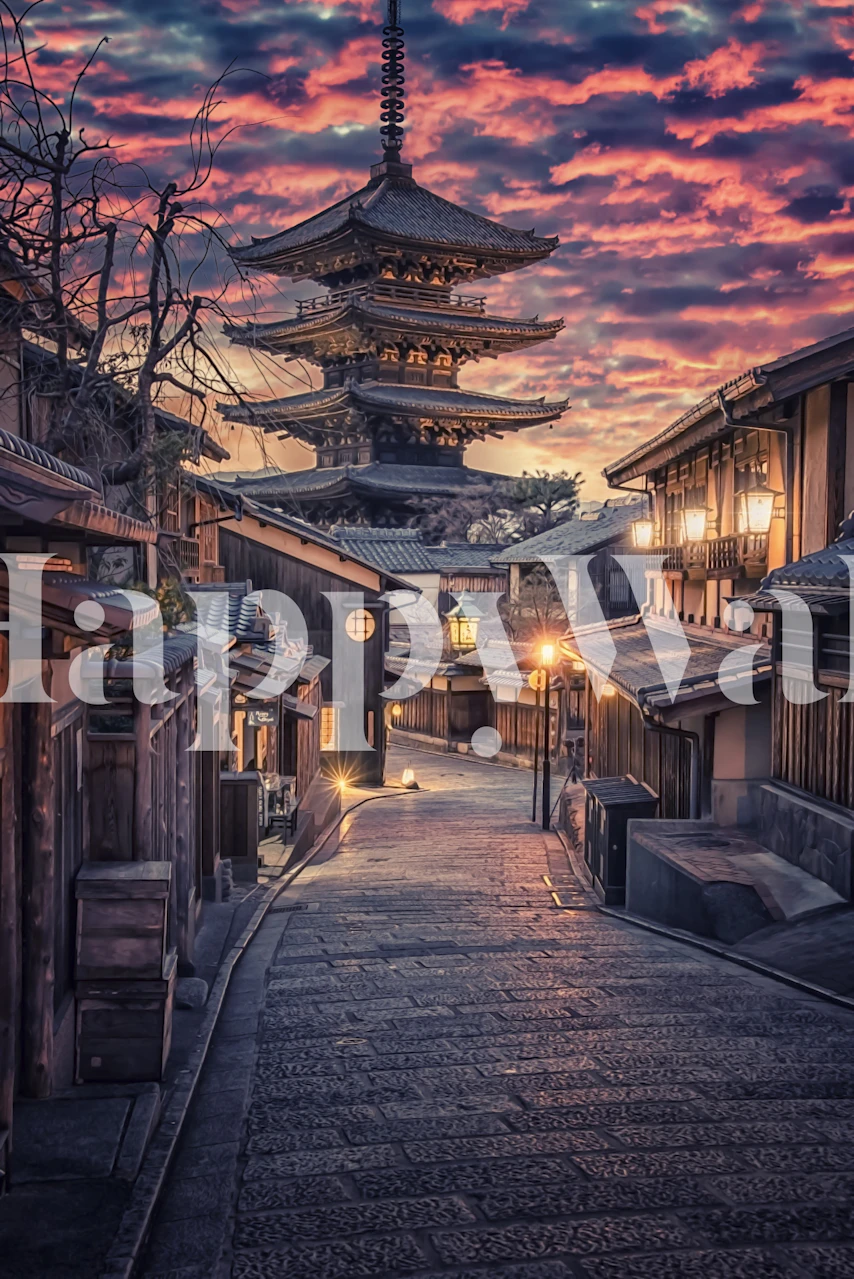 Mural de parede de Kyoto ao pôr do sol representando um pagode tradicional e o céu crepuscular