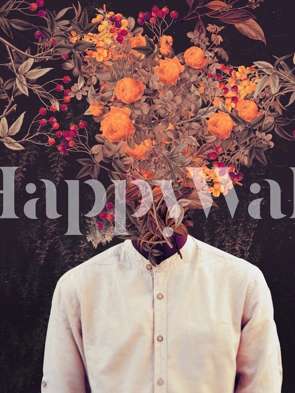 Floral wallpaper featuring a head made of flowers