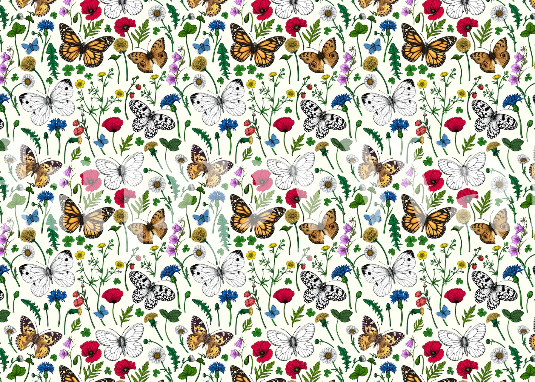 Wild flowers and butterflies wallpaper design