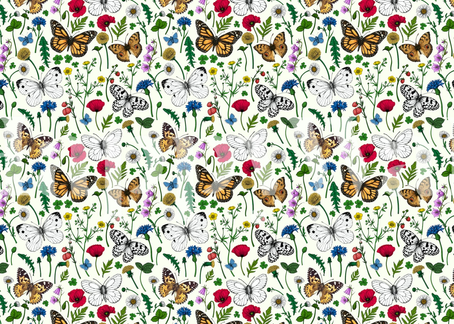 Wild flowers and butterflies wallpaper design