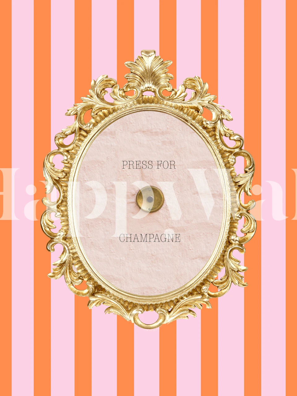 Pink and coral striped wallpaper featuring a decorative frame and button