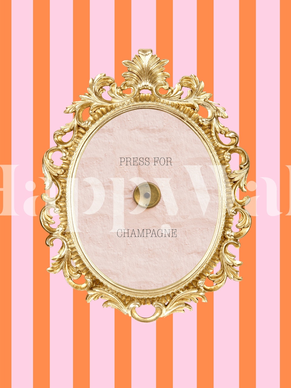 Pink and coral striped wallpaper featuring a decorative frame and button